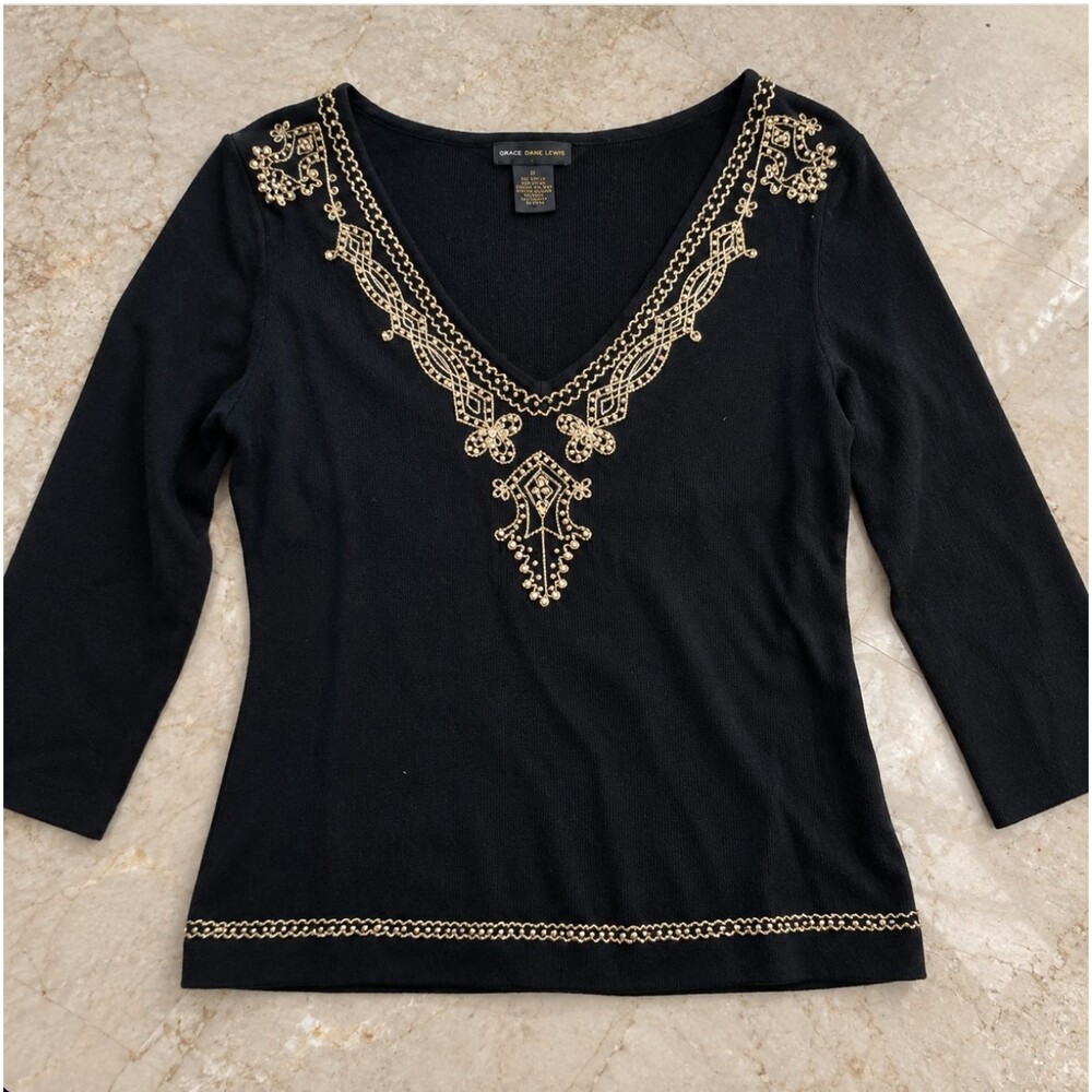 Grace Dane Lewis Black Beaded Embroidered V Neck Knit Top S Boho Y2K 3/4 Sleeve